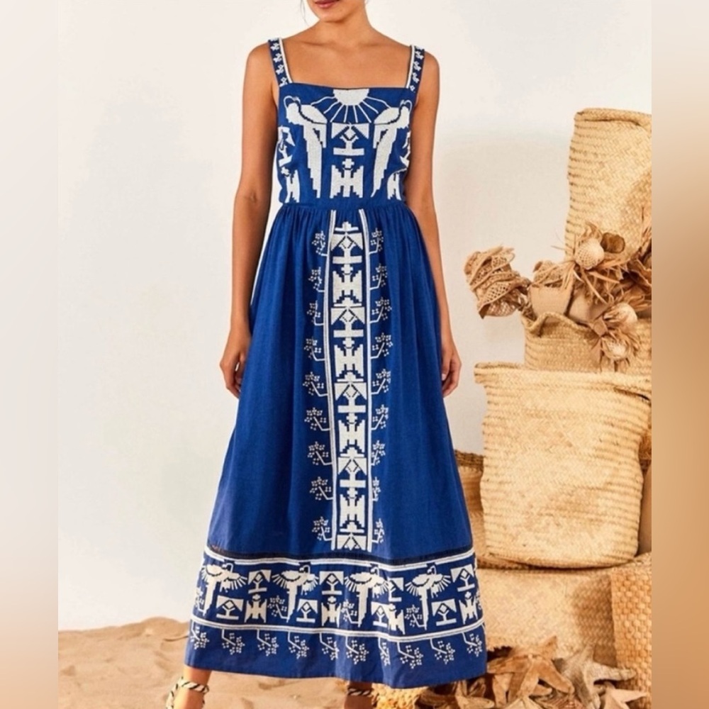 Farm Rio Blue Macaw Embroidered Bow Dress